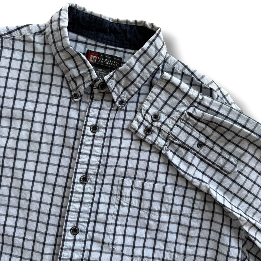 Industrial Exchange Men L Light Blue Navy Windowpane Plaid Cotton Button Down LS